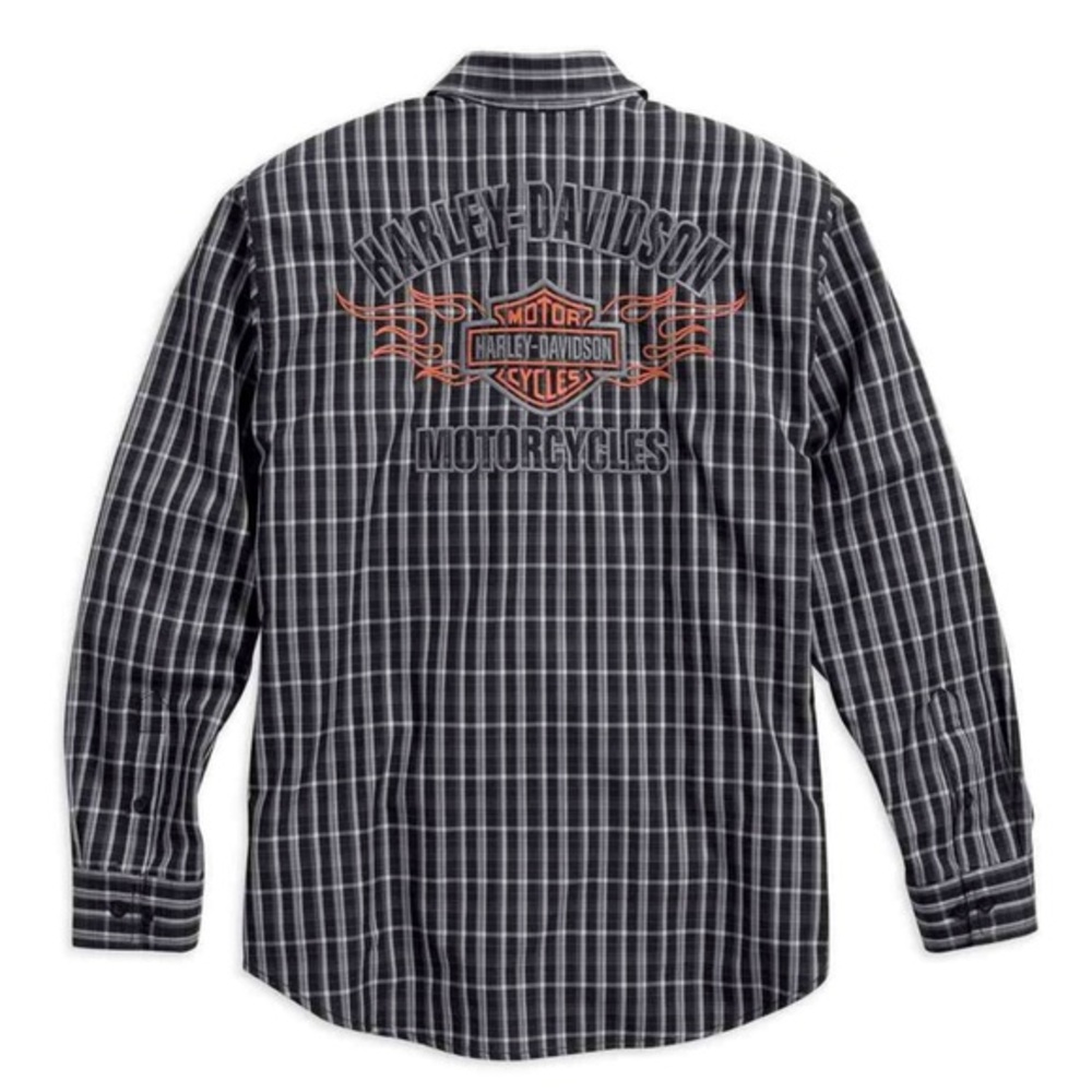Harley-Davidson Men's Flames Embroidered Logo Plaid Black/White Long Sleeve‎ Med
